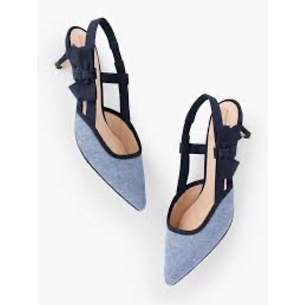 Talbots Sylvia Bow Slingback Kitten Heels Blue Pointed Toe Pumps Size 8
